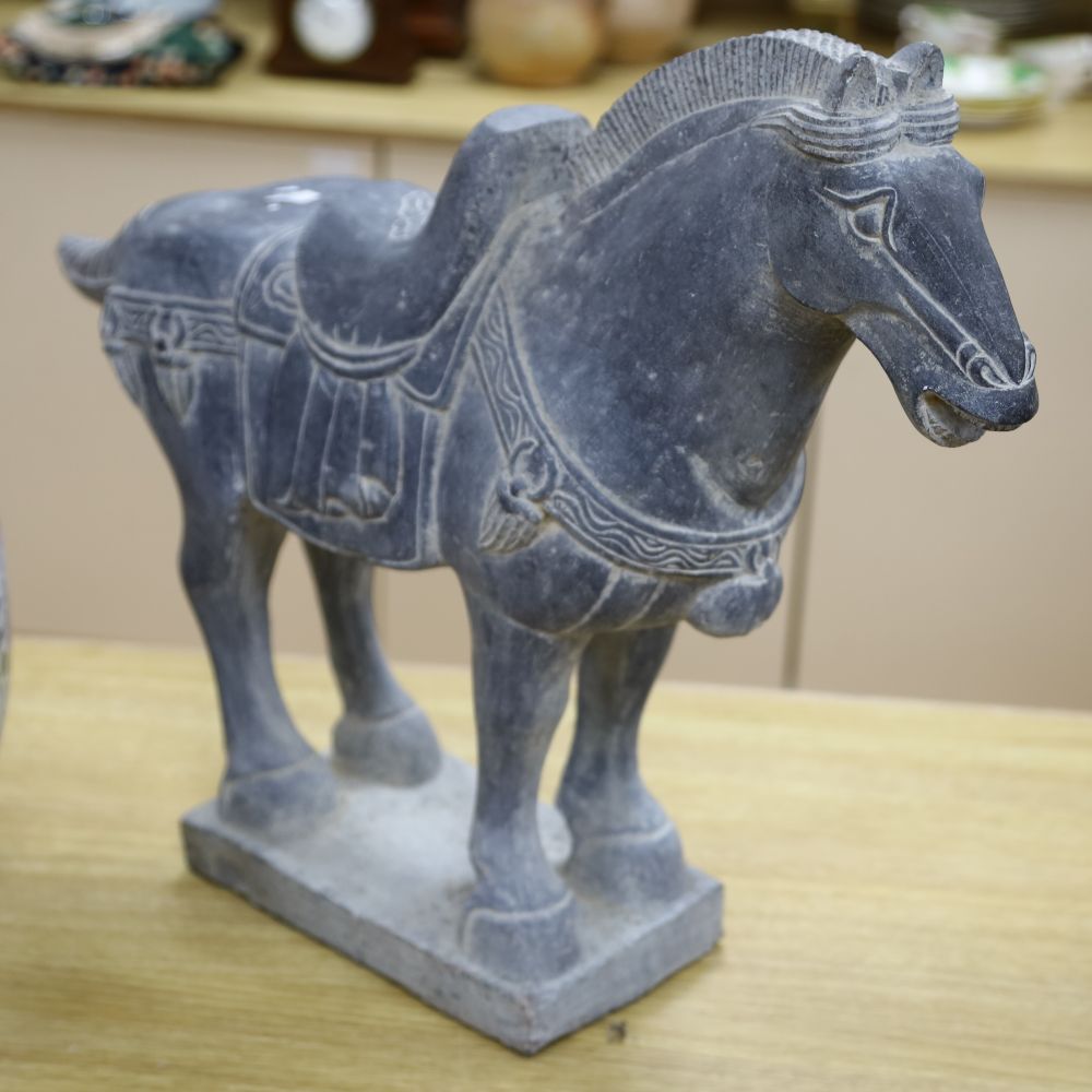 A Tang style carved stone model of horse and a jardiniere, tallest 52cm